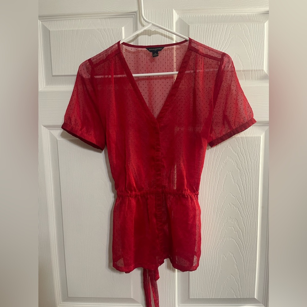 Banana Republic Red Sheer Blouse- Women Size Med Snap Closure with Tie Belt